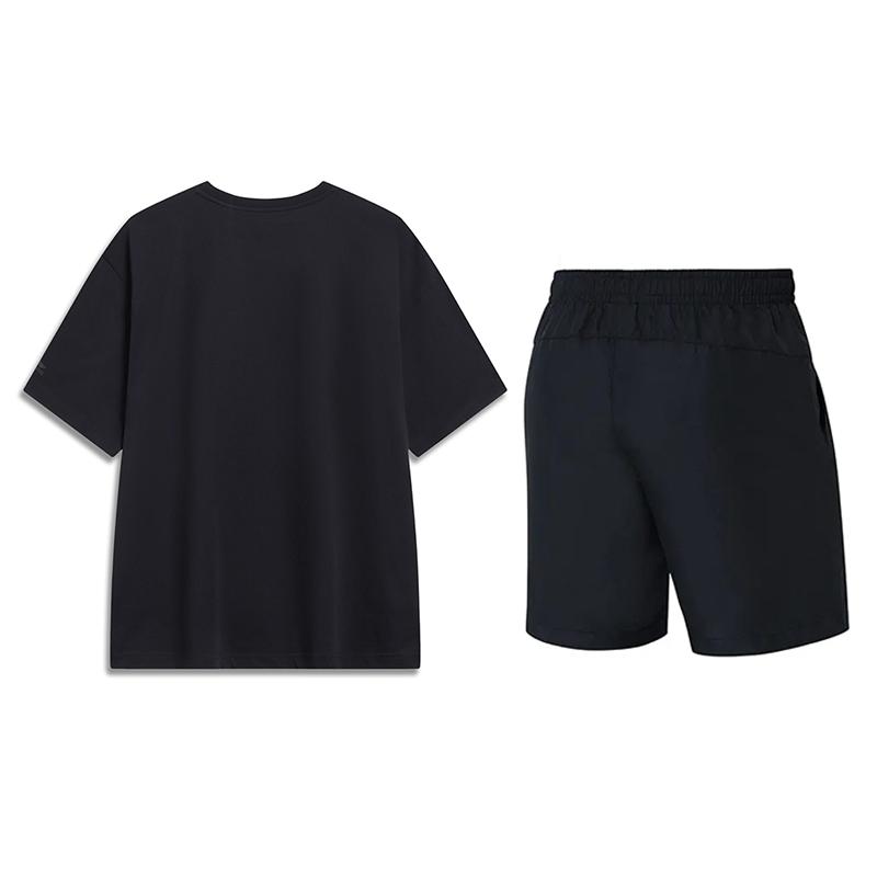 Li Ning Loose Comfortable Versatile Short Sleeve Top Fashion Simple Five Point Shorts Casual Sports Suit Unisex sets Black AHSU745-1+YKST119-1