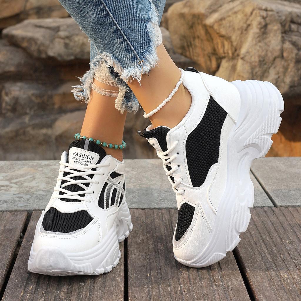 Fashion Platform Women Sneakers Autumn Lace-Up Thick Bottom Sports Shoes Woman Leather Breathable Walking Shoes Female Zapatos De Mujer