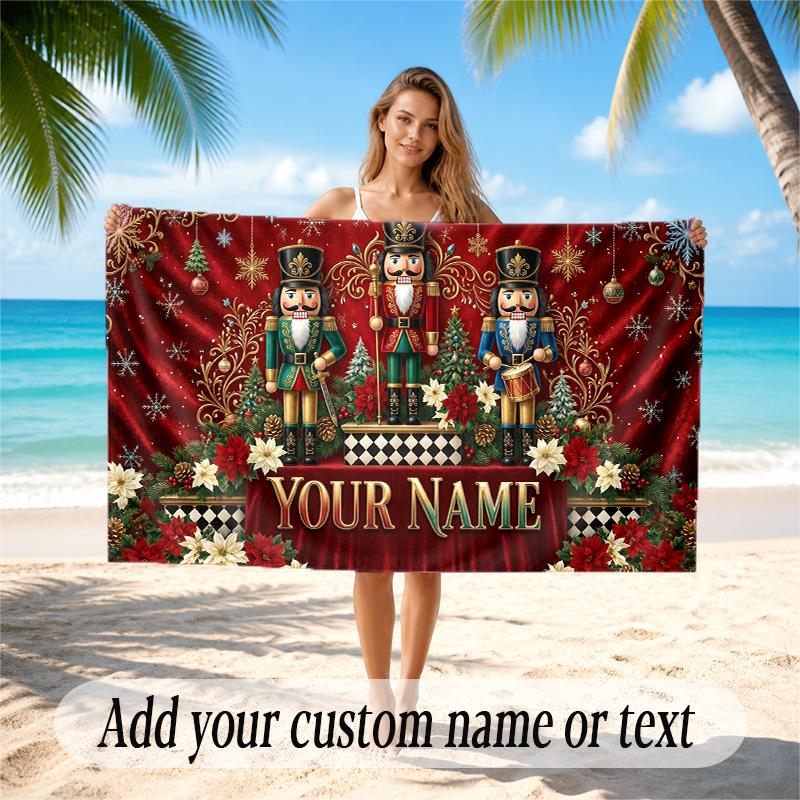 Christmas Theme Quick Dry Beach Towel Custom Name Text Print Large Sand Resistant Towel Beach Vacation