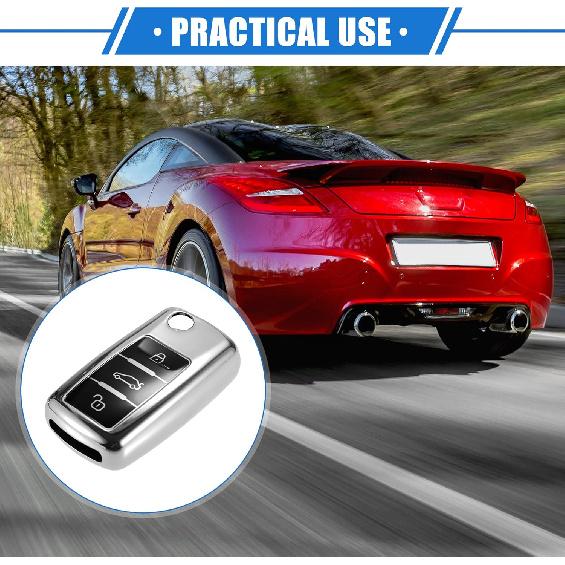 Car Remote Key Fob Cover Case Shell Protector 3 Button Compatible for VW Tiguan 2009-2017, Full Protection TPU Silver Tone