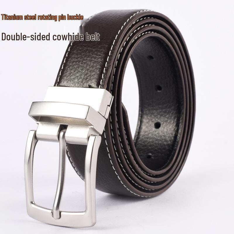Men's Plus Size Genuine Leather Reversible Belt with Rotating Pin Buckle - Casual and Versatile.