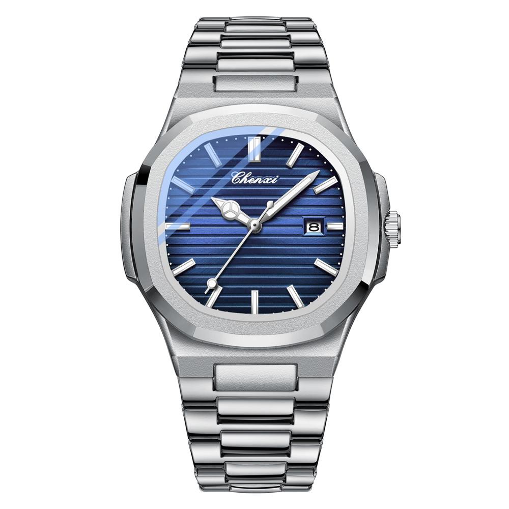 CHENXI Solid Stainless Steel Strap Quartz Watch Men Octagonal Alloy Case Striped Dial Business Men's Wristwatches with Calendar