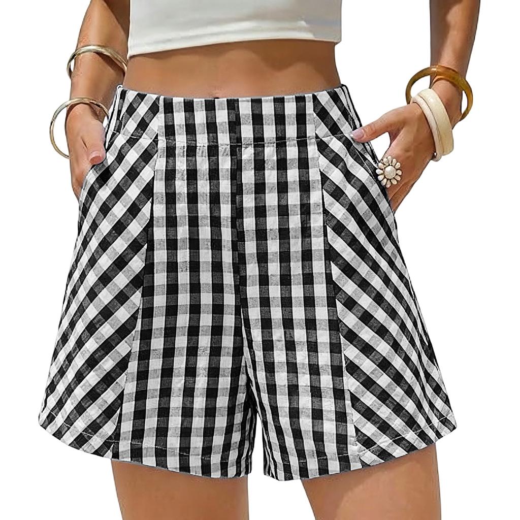 Women's Casual Plaid High Waist Shorts Loose Fit Summer Beachwear Lightweight Breathable Comfortable Flat Front Shorts