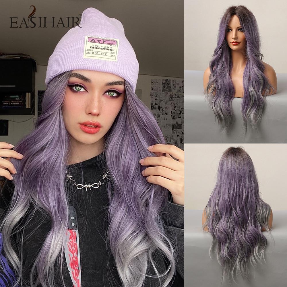 EASIHAIR Long Honey Brown Ombre Highlight Synthetic Wigs for Women Mixed Brown Wavy Natural Wigs Middle Part Cosplay Wigs Heat Resistant