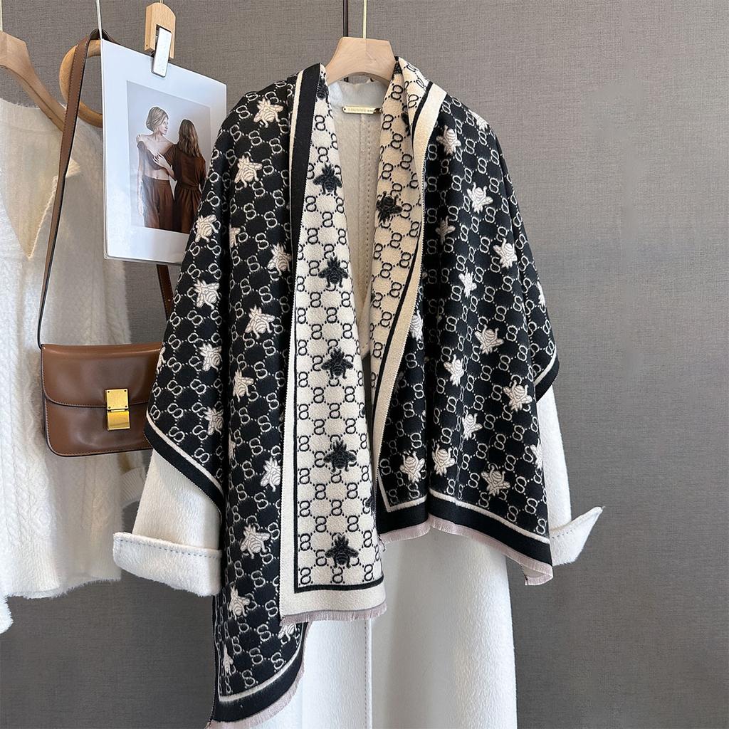 Autumn New Temperament Imitation Cashmere Bee Jacquard Scarf Women's Thickened Warm Long Trendy Scarf