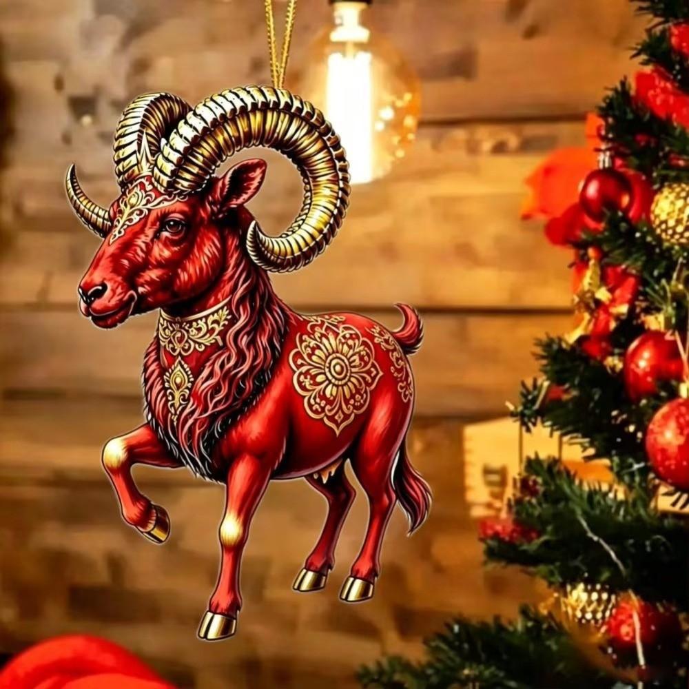 2D Flat Christmas Hanging Pendant New Year Acrylic Xmas Tree Hanging Ornament Red Gold Chinese Zodiac Goat