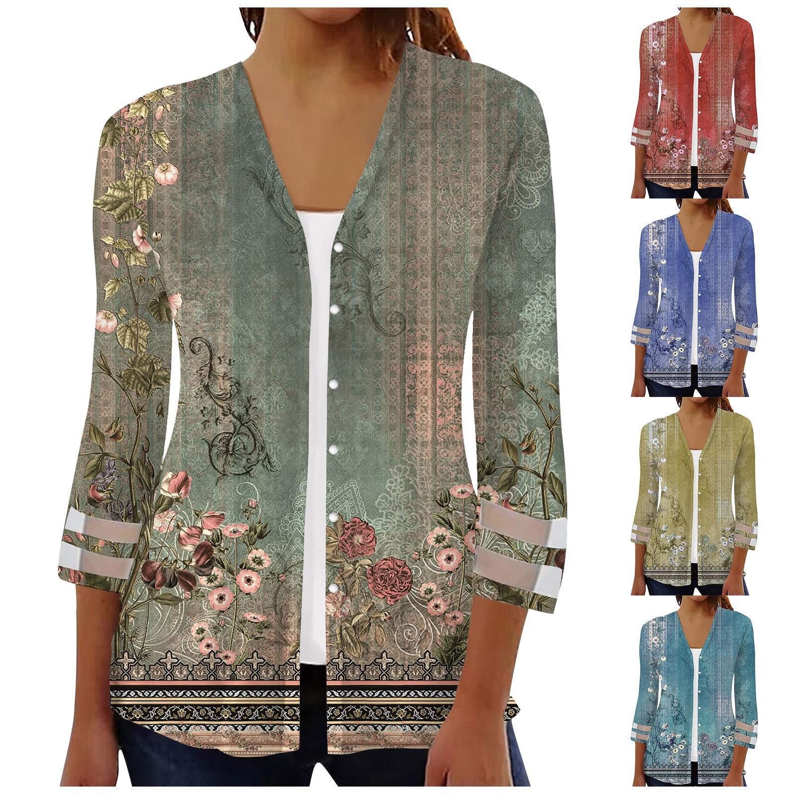 

Женская свободная повседневная рубашка с принтом и рукавами три четверти, сетчатая рубашка на пуговицах, кардиган, топ