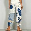 Women Plus Size Loose Nautical Print Cropped Pants Blue Beige Cross Hem With Pockets
