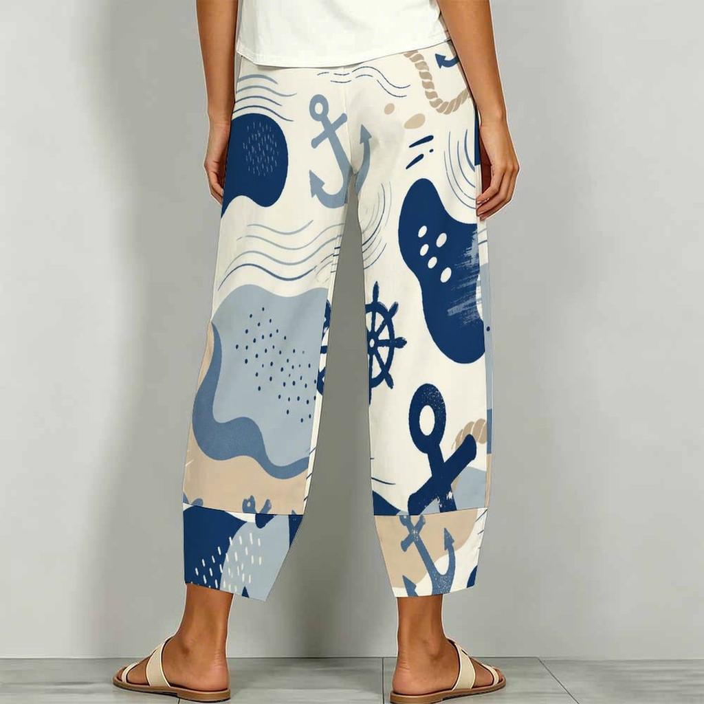 Women Plus Size Loose Nautical Print Cropped Pants Blue Beige Cross Hem With Pockets