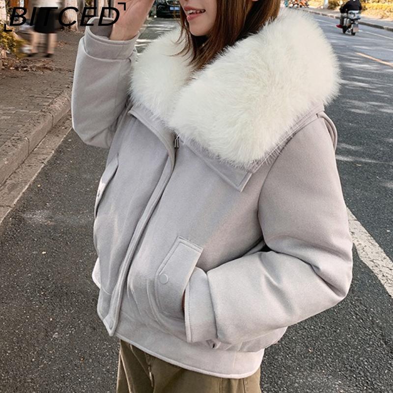 BITCED Women's Short Down Jacket with Oversized Fur Collar Winter Stylish Quilted Coat Thickened Outerwear American Style