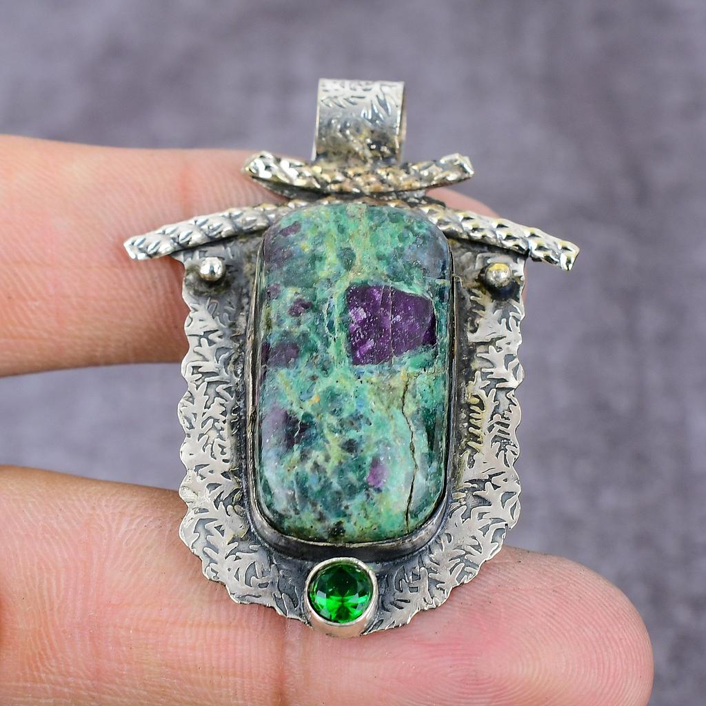Ruby Fuchsite,Diopside Lab-Created Handmade 925 Sterling Silver Pendant 2" P2j70
