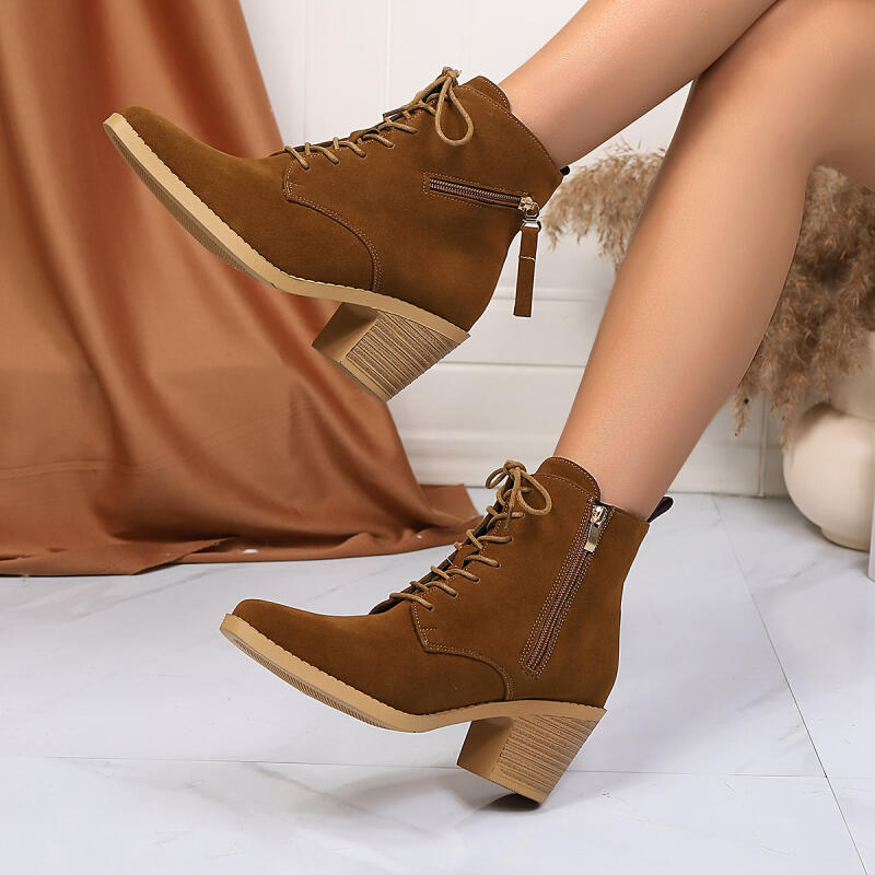 Designer Side Zip Lace Up Suede Ankle Boots Women Winter Vintage Thick High Heel Western Cowboy Boots Woman's Short Booties