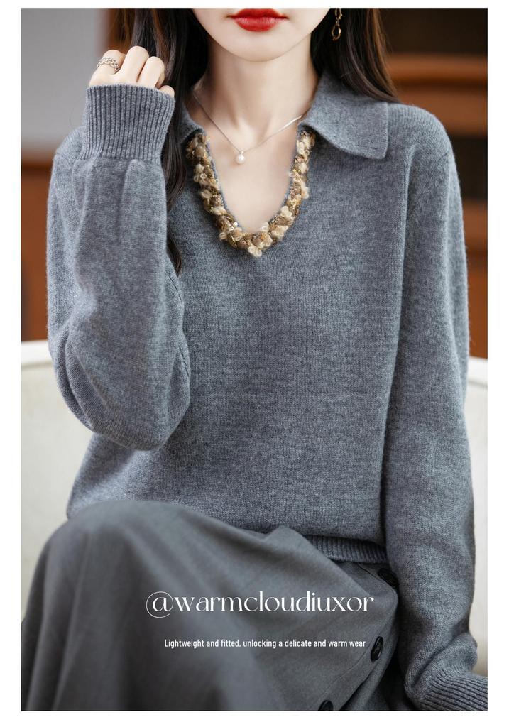 Women's V-Neck Rhinestone Embellished Long Sleeve Polo Collar Sweater
