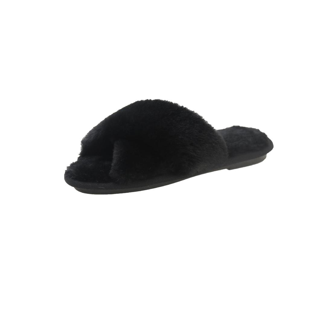 Plus Size Women's Open Toe Fur Slippers - Winter Plush Flat Bottom Indoor Warmth