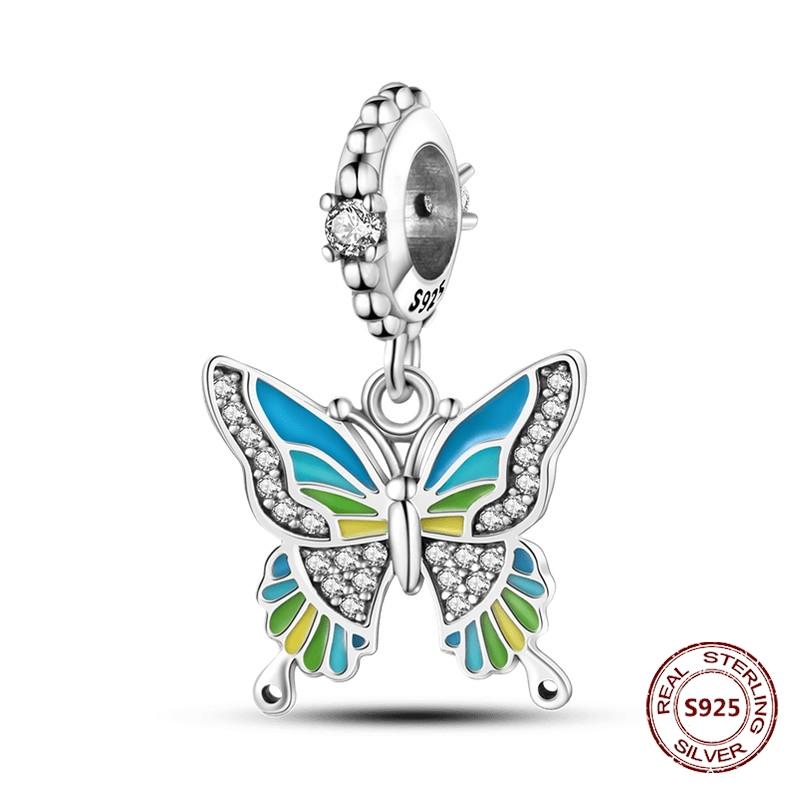 Butterfly Charm copper Authentic Pink Blue Zircon Fly Butterflies Safety Chain Clip Charm Bead Charms Compatible With Bracelets Do It Yourself Jewelle