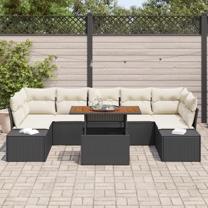 VidaXL Ensemble de salle à manger de jardin de 8 pièces avec coussins en poly rotin noir et acacia 3349928