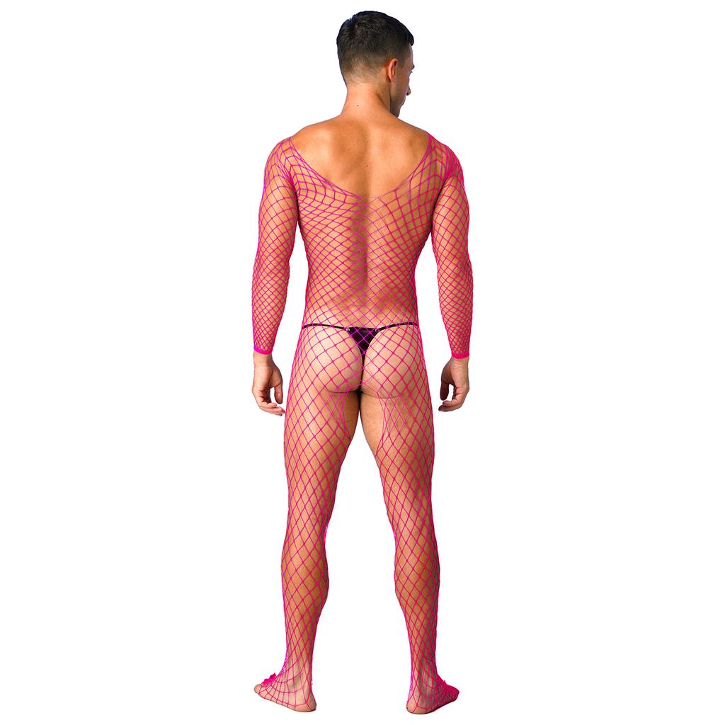 Mens Sheer Fishnet Bodysuit V Neck Long Sleeve Mesh Lingerie Sleepwear