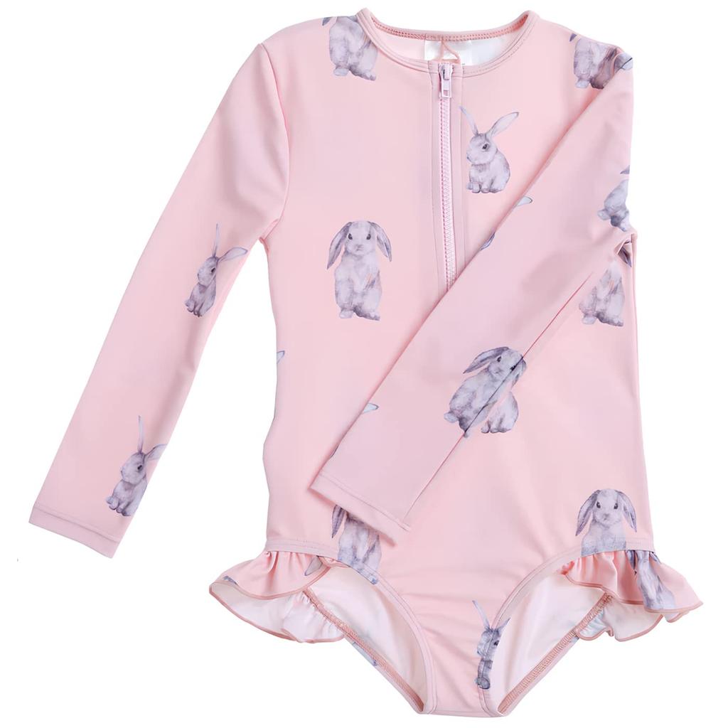 KALAVILA Girls' One-Piece Swimsuit, Sizes 90-130cm, Long Sleeve Rash Guard, Kids' All-in-One Swimsuit for Kindergarten and Daycare, UV Protection