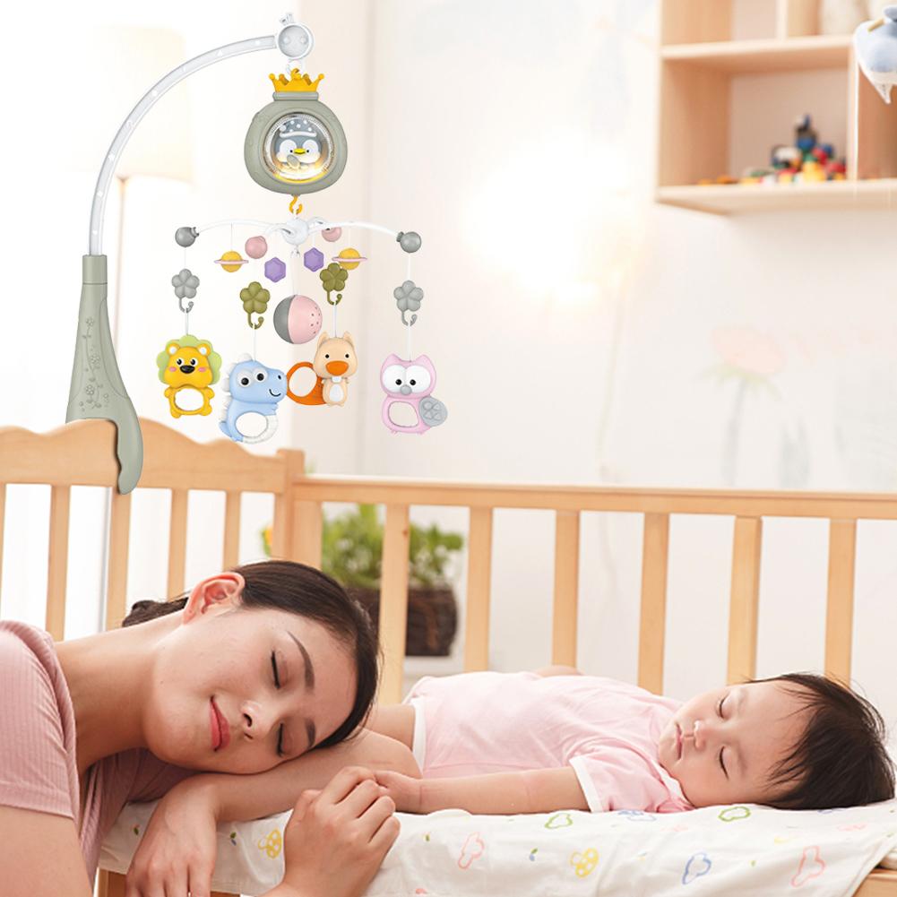 Baby Crib Mobile Multifunctional Projector Musical Rotating Bed Bell Toy for Newborns Soothing Grey