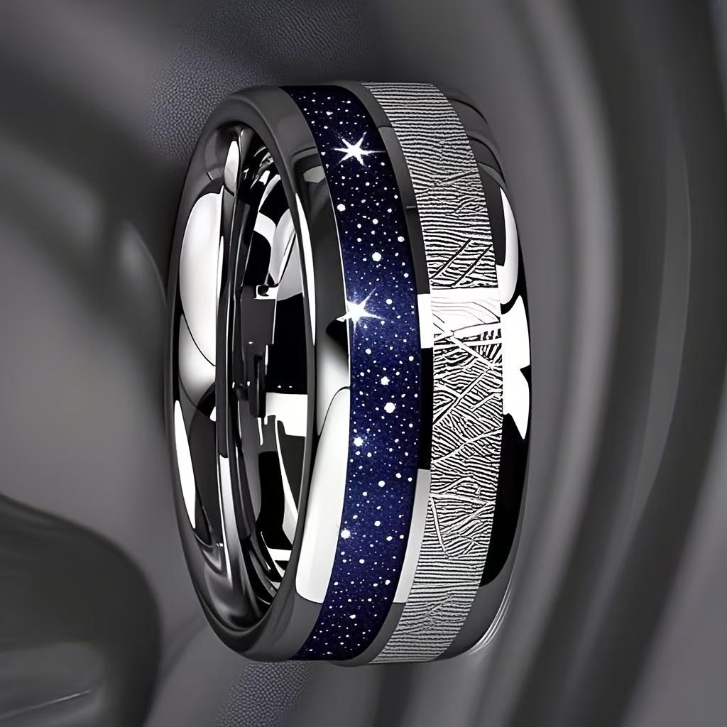 Bagues Fashion Ciel étoilé Bleu Foncé & Incrustation Météorite 8mm Couleur Cuivre Acier Inoxydable pour Hommes Femmes Bijoux de Mariage