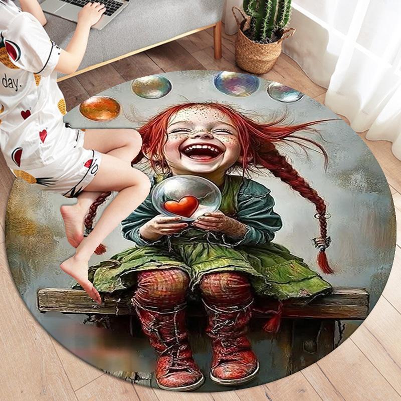 Pippi Longstocking Round Area Rug,Carpet Rug for Living Room Bedroom Sofa Playroom Decor,Non-slip Floor Mat