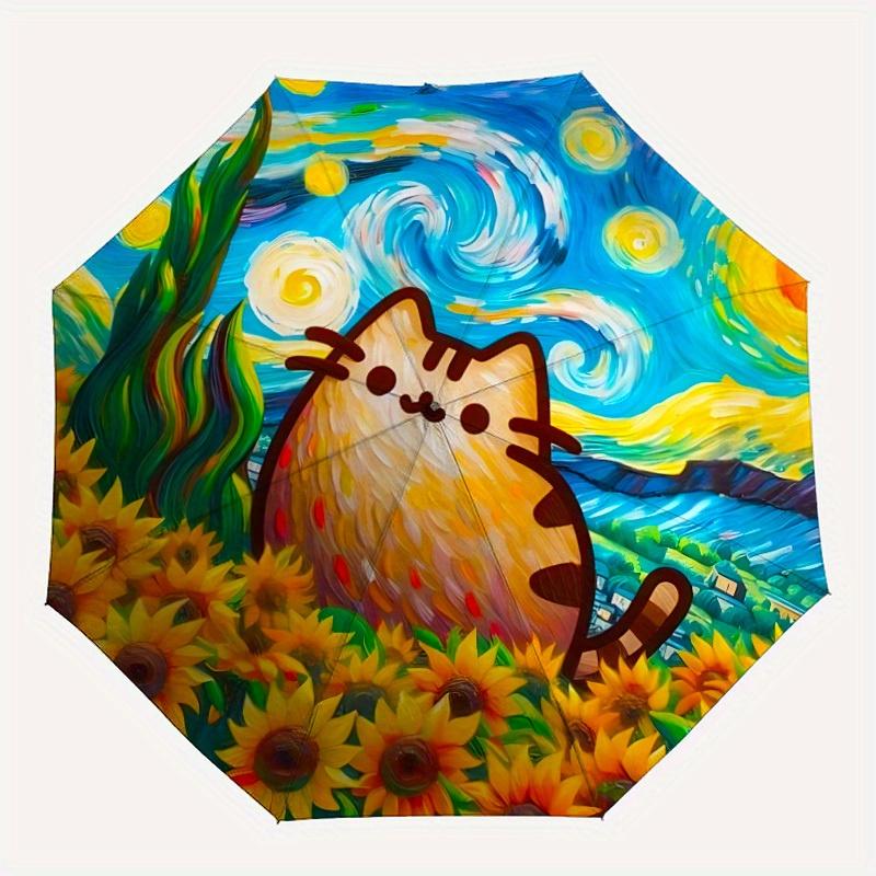 

1pc Cat Sunflowers Automatic Open/close Umbrella, 8-Rib sturdy structure, Portable Travel Umbrella, Parties, Everyday Use, Outdoor Accessory