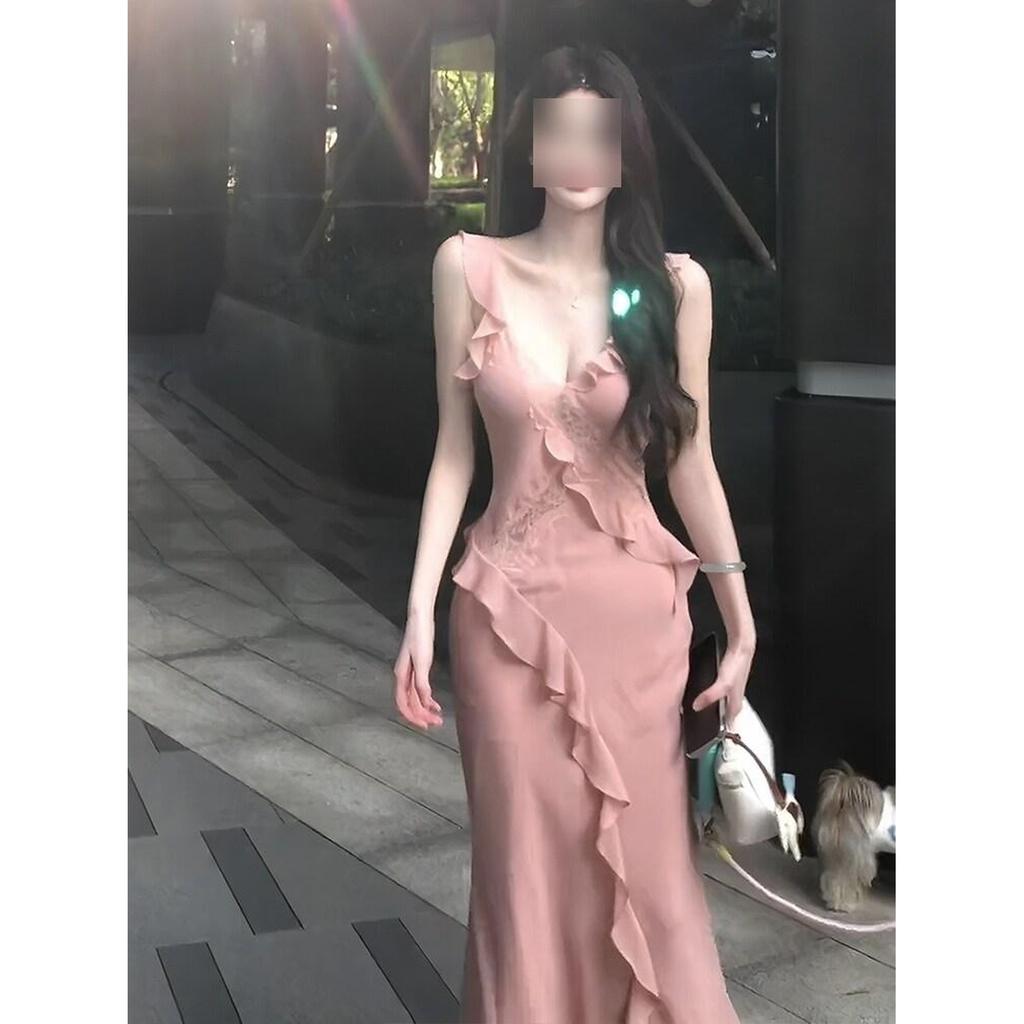 Pure Desire Style Pink V-neck Suspender Dress Women's Summer Lace Ruffle Edge Skirt Waist-wrapped Hip Fishtail Dress