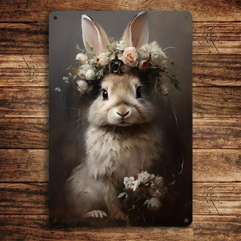 Vintage Rabbit Metal Wall Art Retro Floral Tin Sign Home Bar Decor Easter Bunny 12x8 Inch