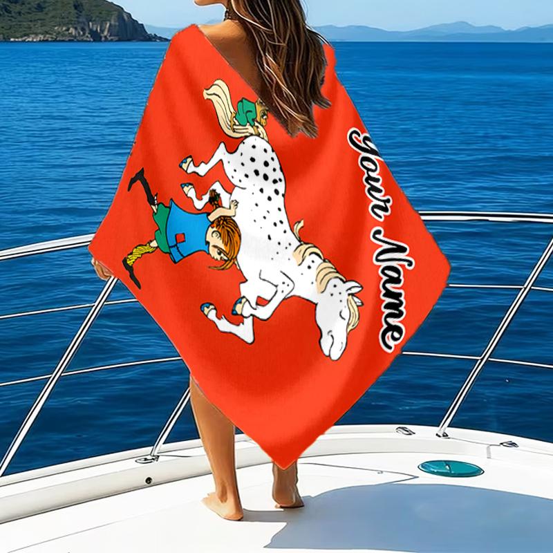 1pc Pippi Longstocking1 Beach Towel with Custom Name, Beach/Swimming/Bath/Picnic/Camping Towel, Suitable for Seaside Beaches