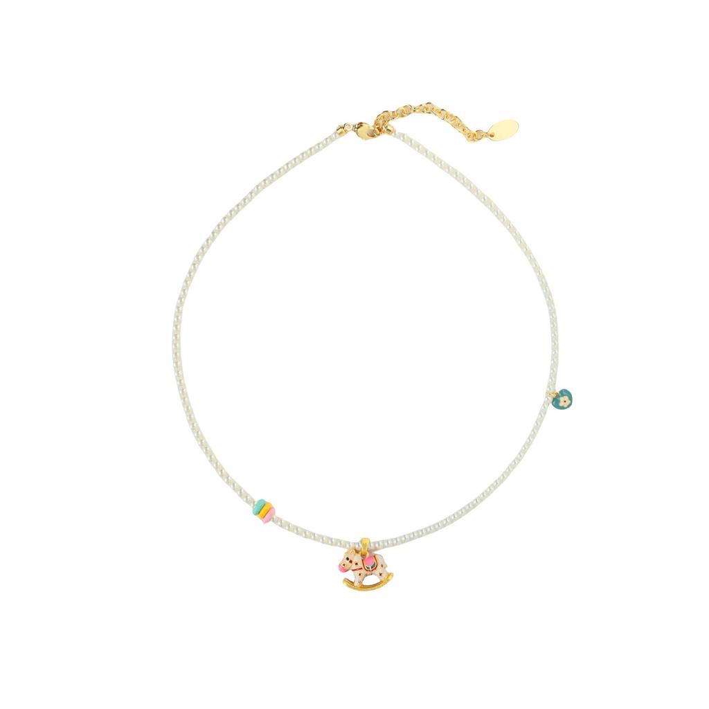 Retro Rocking Horse Pearl Necklace with Colorful Enamel - Luxurious Clavicle Chain