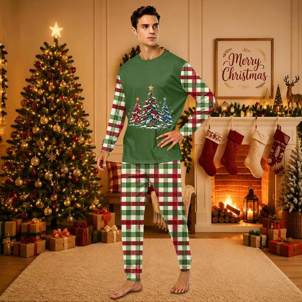 Christmas-print long-sleeve and long-pant matching family loungewear set
