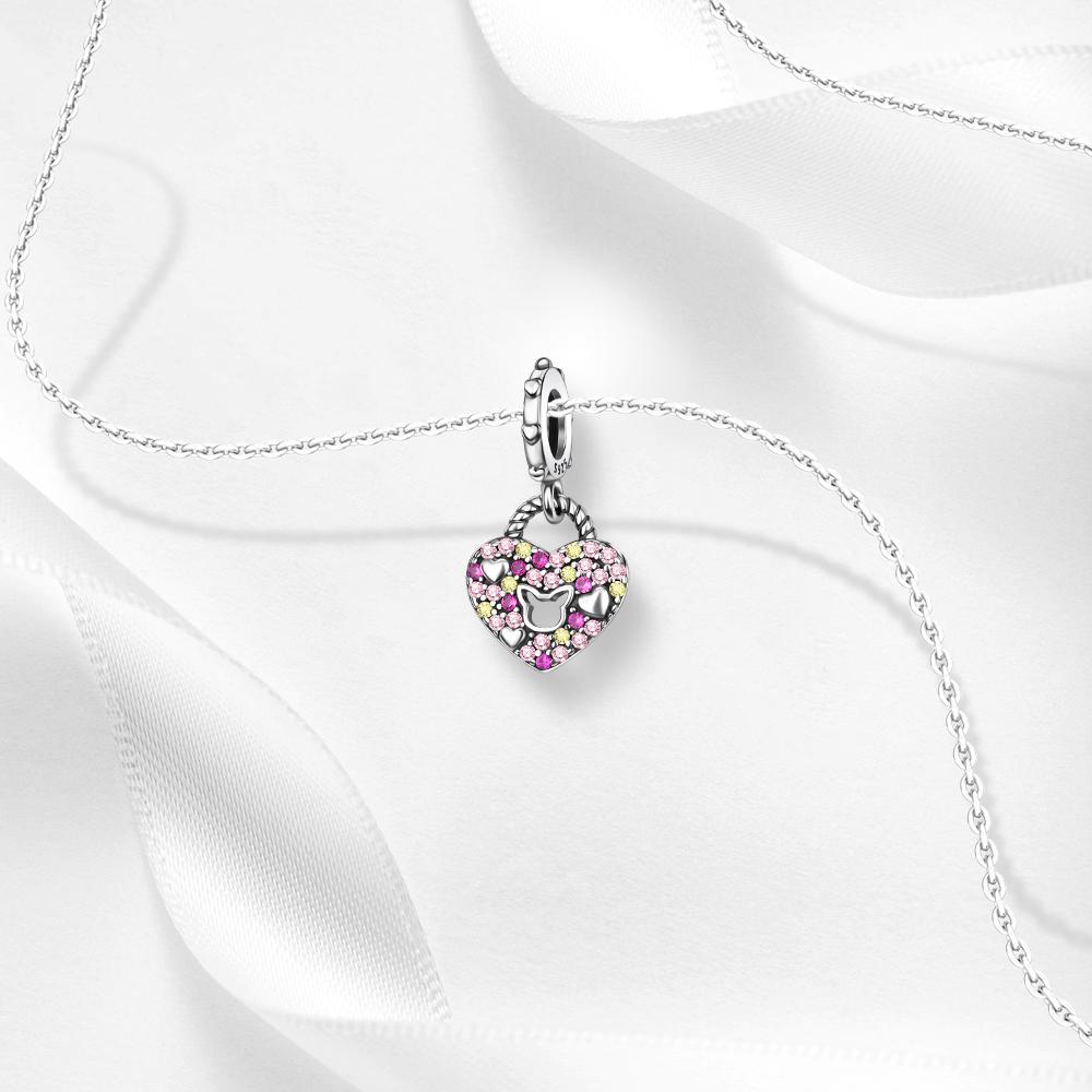 Copper Pink Openwork Kitten Zircon Heart Lock Pendants Charms Fits Genuine Charms Bracelet Women DoItYourself Jewellery Gifts