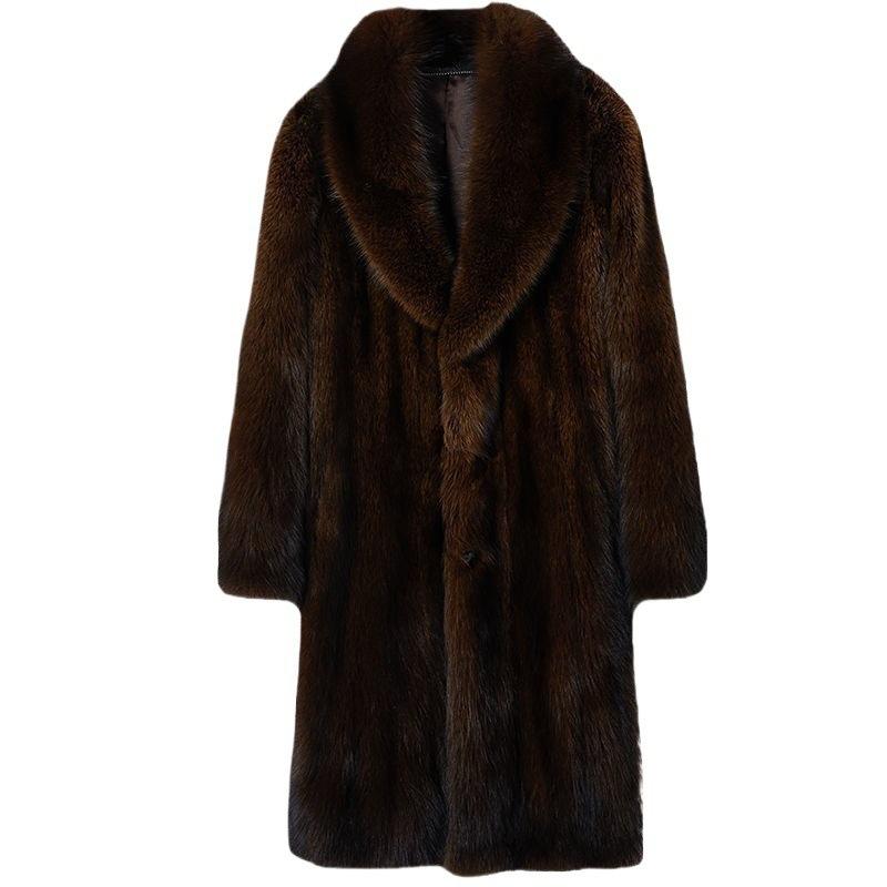 Imitation mink coat men's long autumn and winter large size velvet thickened imitation raccoon fur imitation fur coat brown