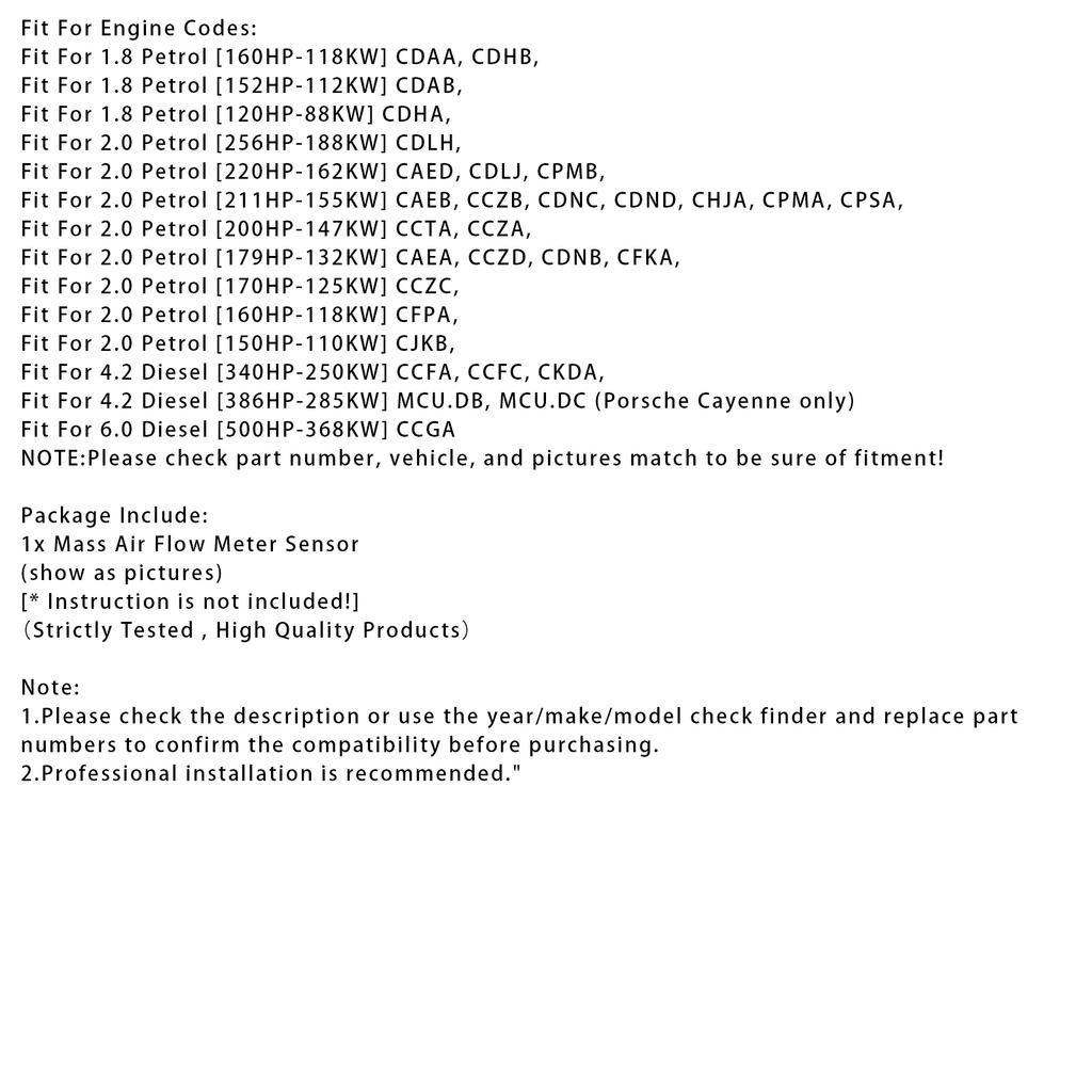 Mass Air Flow Meter Sensor For A3 8P1 A4 B8 Q5 8RB TT 8J3 A6 C7 2505079