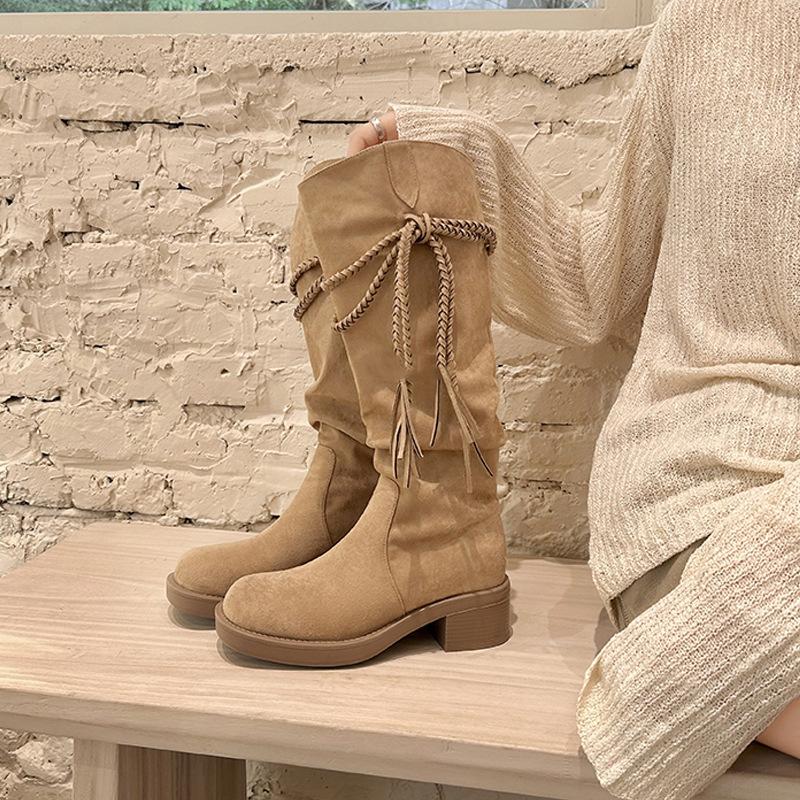 

2025 retro wasteland fringed knight boots thick heel but knee long boots temperament thin pile medium boots women 40
