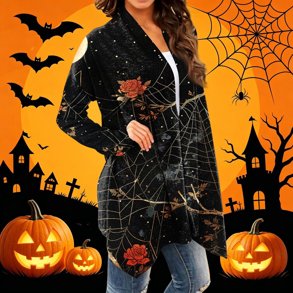 Women's Casual Halloween Printed Long Sleeve Mid-Length Cardigan Jacket for Fall