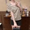 V-neck Striped Short-sleeved T-shirt Women's 2026 Summer New Loose Irregular Design Front Shoulder T-shirt Thin Top