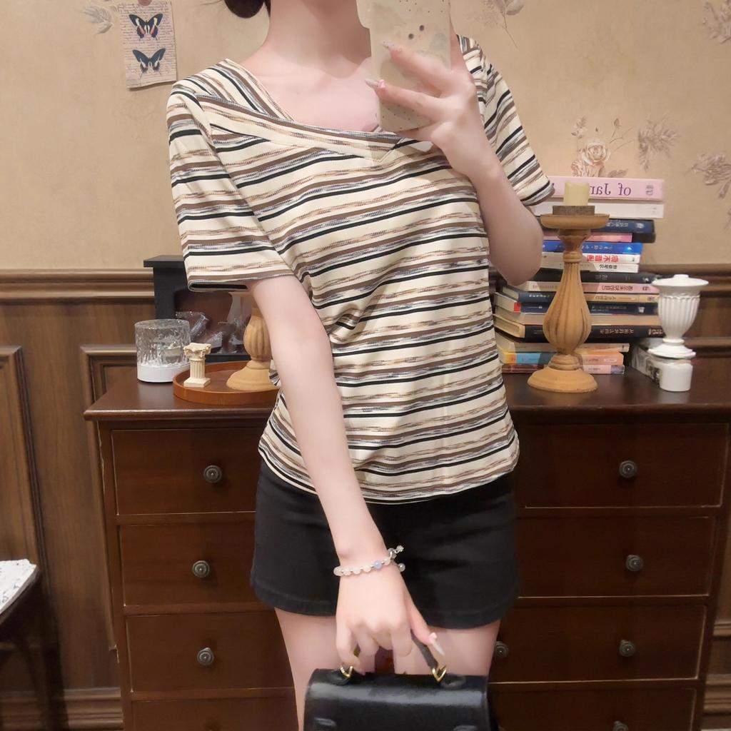 V-neck Striped Short-sleeved T-shirt Women's 2026 Summer New Loose Irregular Design Front Shoulder T-shirt Thin Top