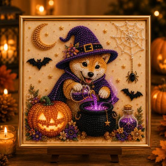 Seasonal Home Decor Projects Halloween Faux Pearl Painting Kit, Puppy Art DIY Witch Stress Relieving Hobbies Hat Bead Craft Kit for Adults And Teens,