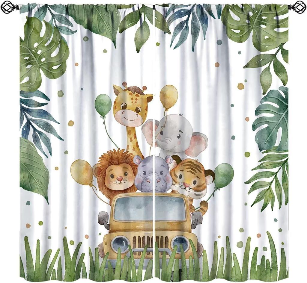 Cartoon Blue Bear Curta For Boys,Watercolor Little Cute Animal Aircrafts Hot Air Balloons Rainbow Window Drapes For Baby Boys