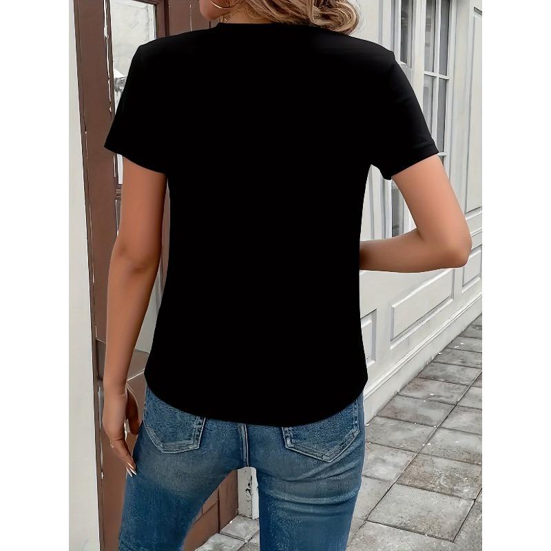 Women's Black Floral Print Tee Left Chest Design Round Neck Short Sleeve Lightweight Summer Casual Everyday Stylish Top