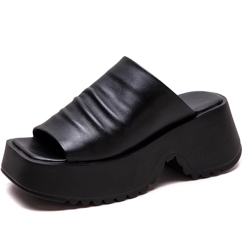 Fashion GKTINOO Retro Peep Toe Outdoor Platform Slippers Summer 2025 New Genuine Leather Comfortable Height Increasing Women's Shoes
