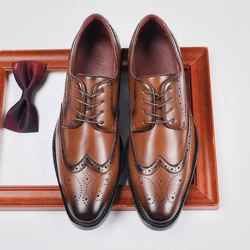 New Men's English Style Hidden Heel Derby Brogue Leather Shoes - Pointed Toe Lace-Up Design for Formal and Casual Wear