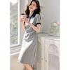 Polo Collar Color-Blocked Pleated A-Line Dress