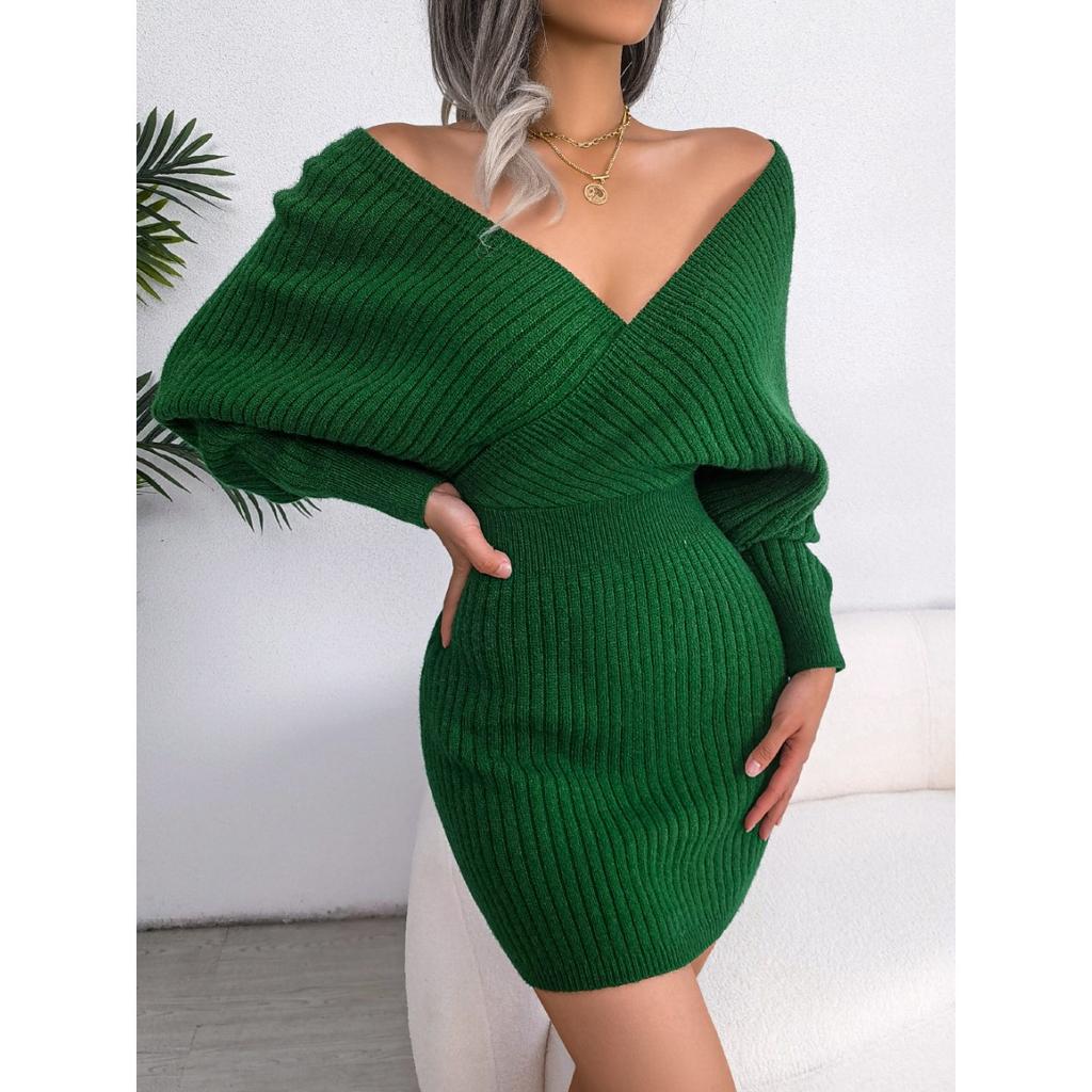 Autumn and Winter, Sexy Cross V-neck, Bat Sleeves, Hip Hugging Skirt, Dress, Woolen Dress, Women's Clothing