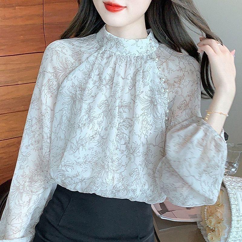 

white and brown floral print high neck long sleeve chiffon blouse with pearl buttons for women S