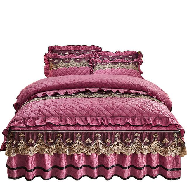 Quilted Velvet Duvet Cover Set Double Bed 220x240 King Size Embroidery Lace Luxury Quilt Cover Solid 2 Pillowcases Soft
