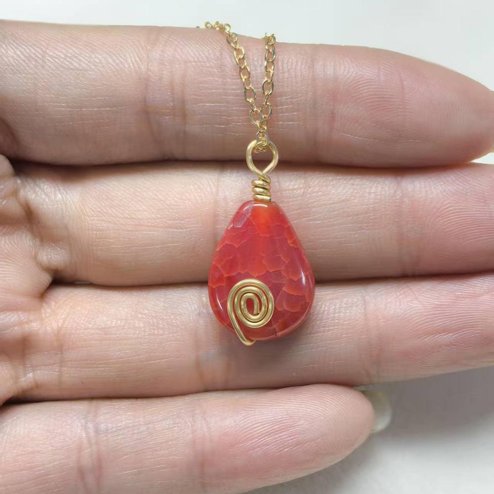 1pc Natural Stone Pendant Necklace Wire Wrapped Water Droplet Pendulum Necklace Christmas Gift