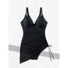 Vintage Women's Swimsuit Large Size Black Deep V Neck Mesh Patchwork Drawstring Side One Piece Swimwear Beach Bathing Suit 2026
