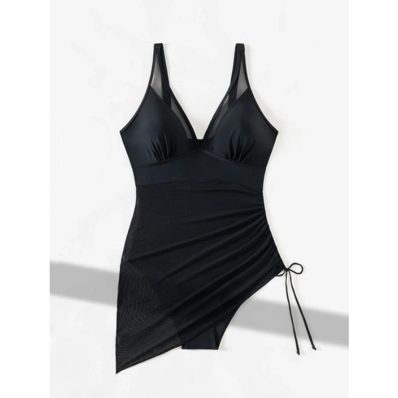 Vintage Women's Swimsuit Large Size Black Deep V Neck Mesh Patchwork Drawstring Side One Piece Swimwear Beach Bathing Suit 2026